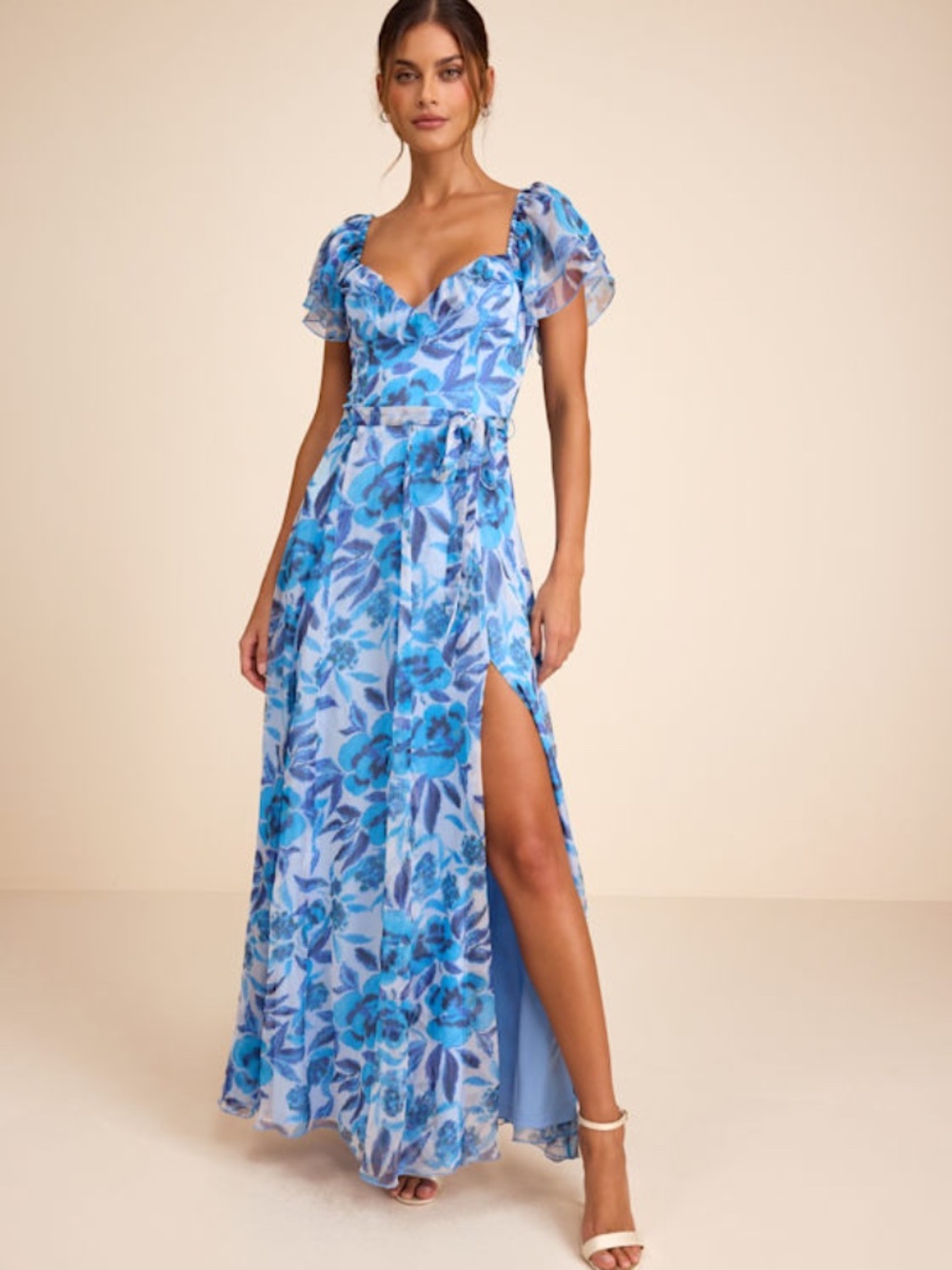 Lulus Sensationally Sweeter Blue Floral Ruffled Maxi Dress - Size M